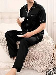 Plus Size Men's Summer Pajama Set - Casual V-Neck Short Sleeve Button-Up Top And Long Pants, Breathable Polyester, Machine Washable, Plus Size