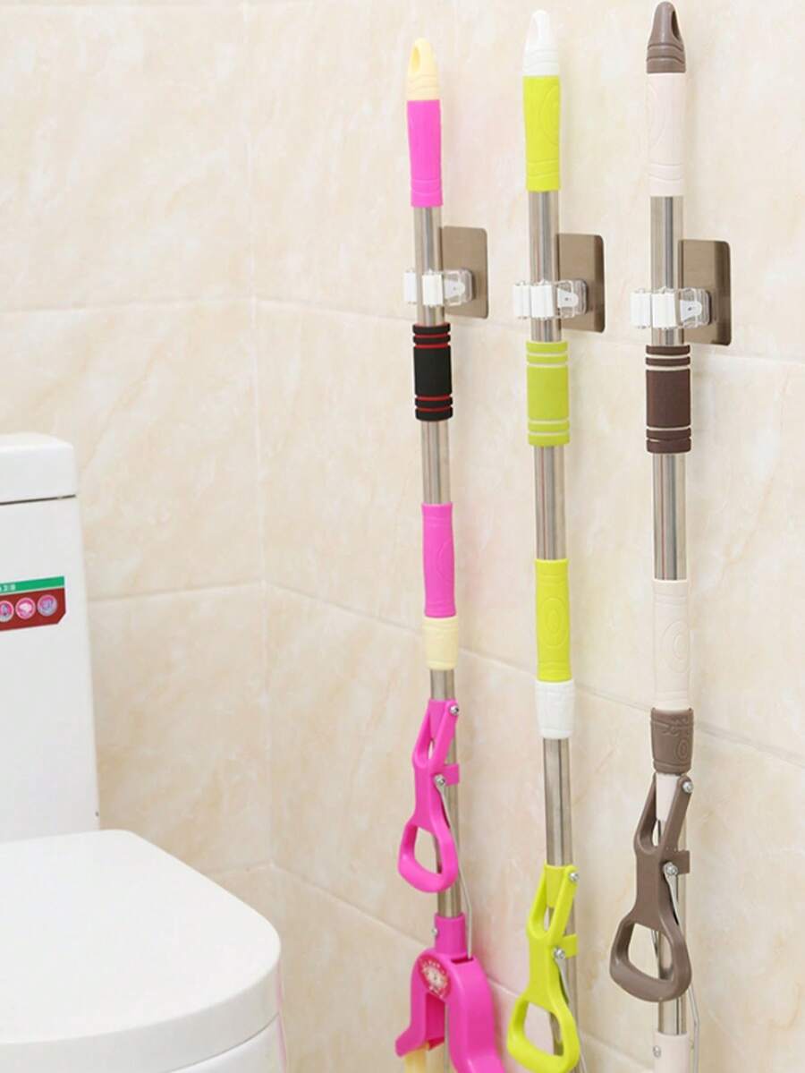 2pcs Creative Kitchen & Bathroom Adhesive Mop Holders, No-Drill Wall Mounted Mop Racks - Multicolor - View 1