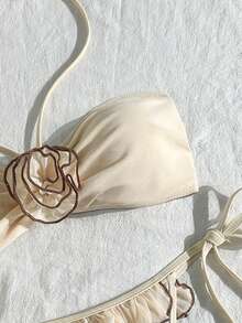 Tenues de plage pour femmes, vacances d'été, hauts de bikini bandeau sexy avec fleurs 3D en crochet mesh pour maillot de bain - Beige - Voir 4