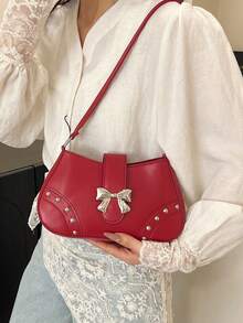 New Fashion Casual Shoulder Women PU Leather Solid Black, Coffee, Khaki Bow Metal Decor Underarm Pouch Cosmetic Bag - Burgundy - View 3