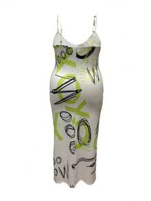 Letter & Graphic Print Sleeveless Loose Dress With Spaghetti Straps - White - View 3