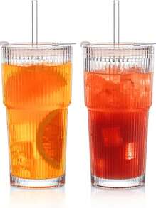 1 Pieza de Vaso de Agua de Gran Capacidad de 600ml/21oz, Nuevo Vaso de Vidrio de Verano para Mujeres con Tapa y Pajita, Vaso de Vidrio a Rayas Verticales (con Pajita y Tapa) Hermoso Vaso de Vidrio para Beber Café, Té, Leche, Americano Helado y Bebidas de Latte
