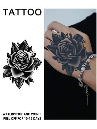 1 szt. Tymczasowe tatuaże Rose, półtrwały tatuaż, wodoodporny, odporny na pot, utrzymuje się przez 1-2 tygodnie, realistyczny sok ziołowy, antypoślizgowy, nieodblaskowy, sztuczne czarne, fałszywe tatuaże dla kobiet i mężczyzn, naklejki z tatuażami na ramię, klatkę piersiową, nogę, brzuch, talię, palec, szyję, kręgosłup, modernistyczna sztuka ciała