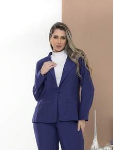 Women's Blazer And Tailored Pants Set - Navy Blue - View 7