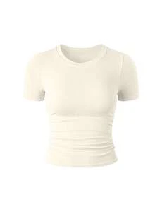 1件女士褶皱胸衣，竹纤维短袖修身塑形上衣，显瘦透气舒适T恤