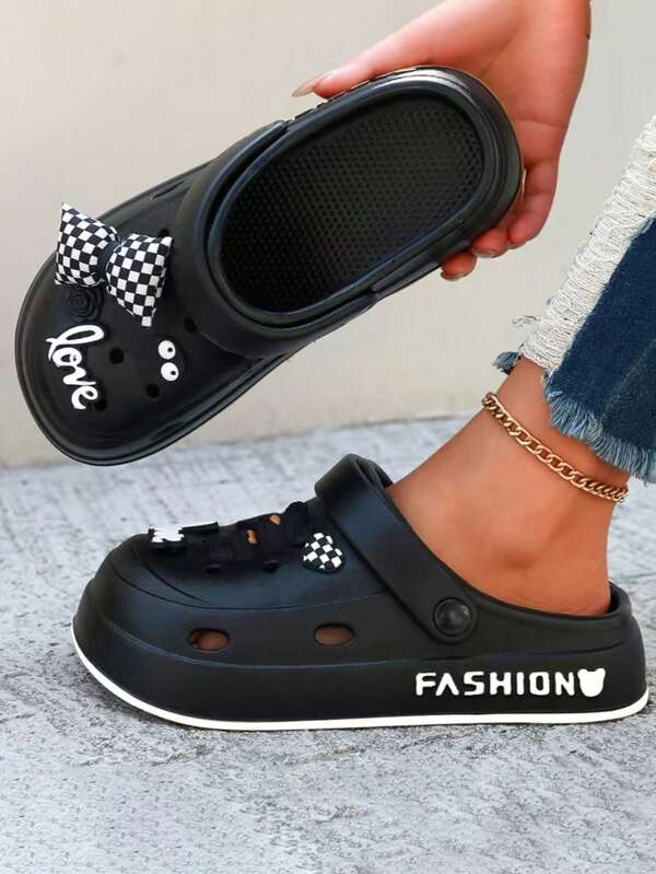 New Black EVA Adult Slippers, Men's And Women's Sandals, Teddy Bear Butterfly Design, Fashionable And Cute Casual Thick Sole Slippers, Indoor Bathroom Outdoor Travel Walking Beach Shoes, Vacation Shoes
