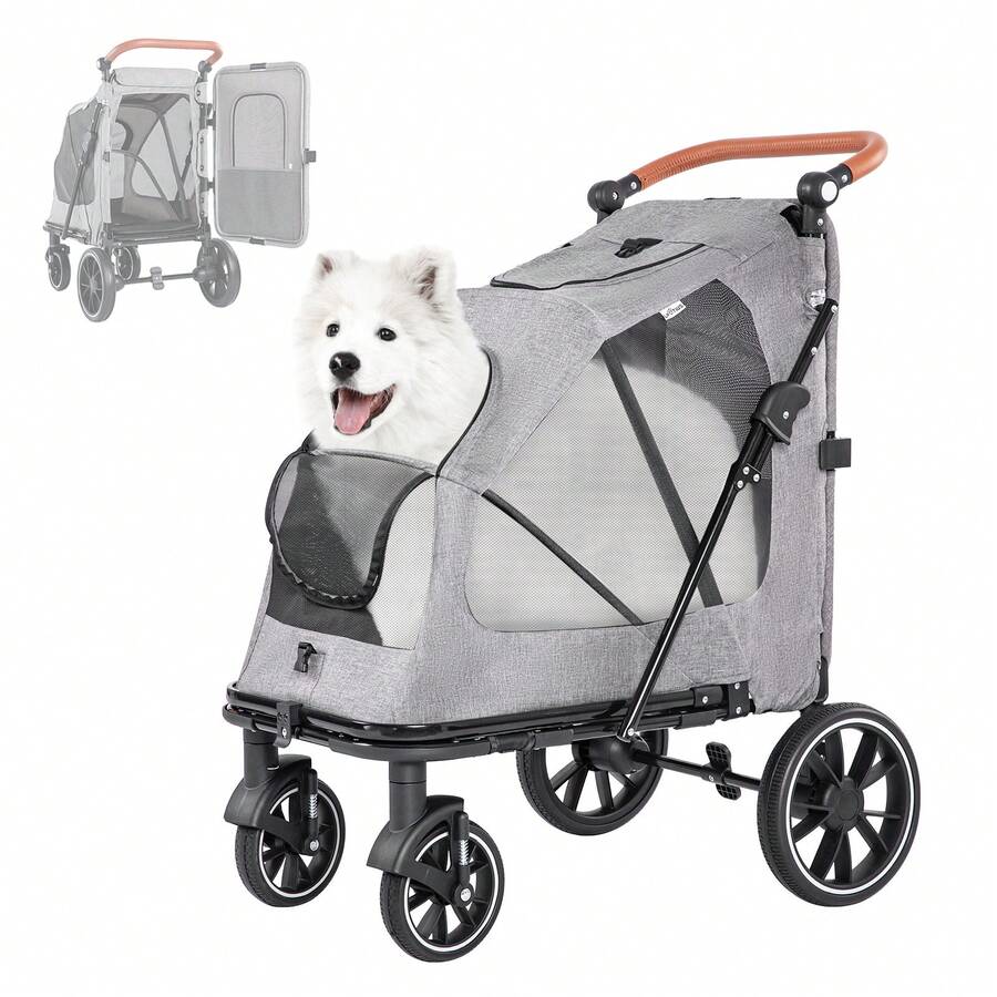 Large Dog Stroller - Adjustable Handles,Lightweight Folding Pet Stroller,All-Terrain 4 Wheel For 2 Medium Dogs,Dual Entry Safety Dog Stroller,Capacity 110 Lbs,Gray - Grey - View 1