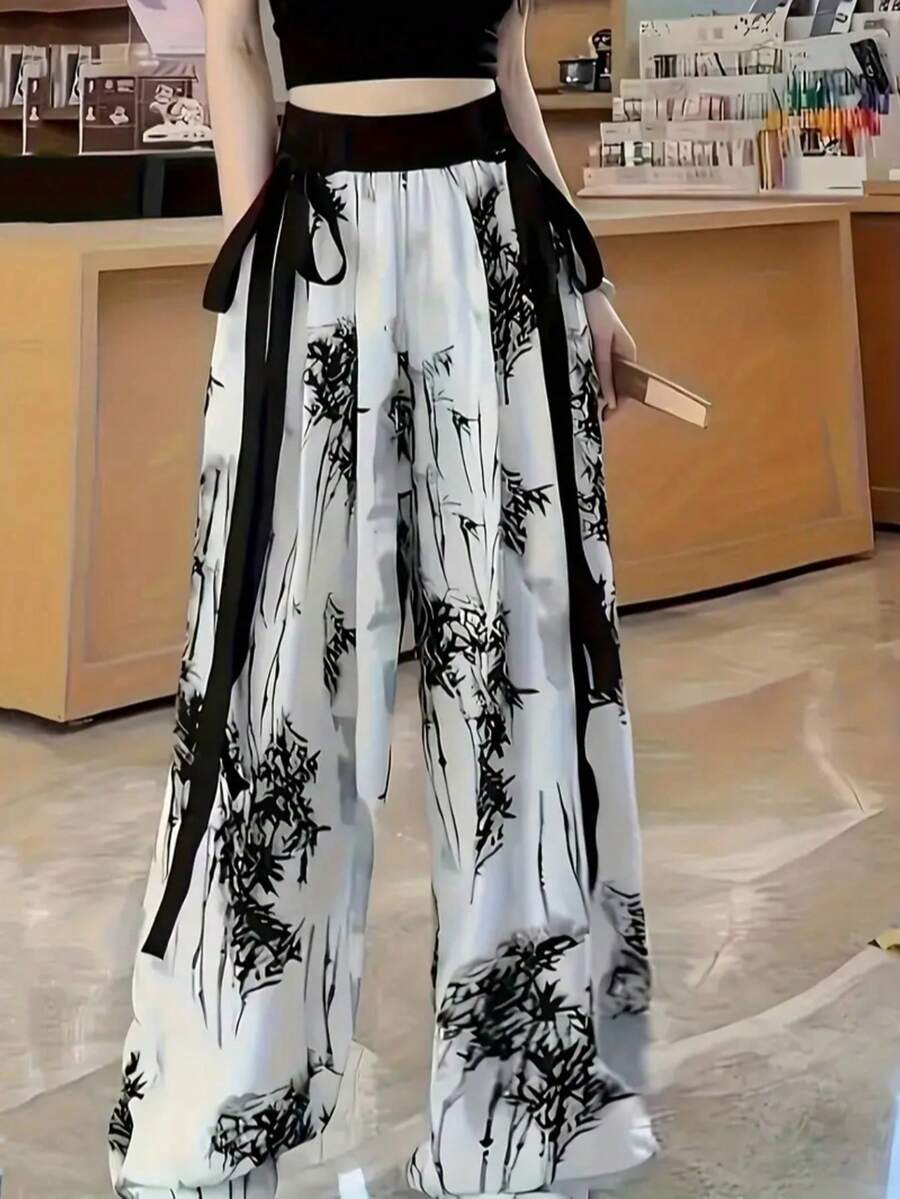 Women's Vacation Plant Print Knotted Waist Trousers, Minimalist And Fashionable, Suitable For Summer