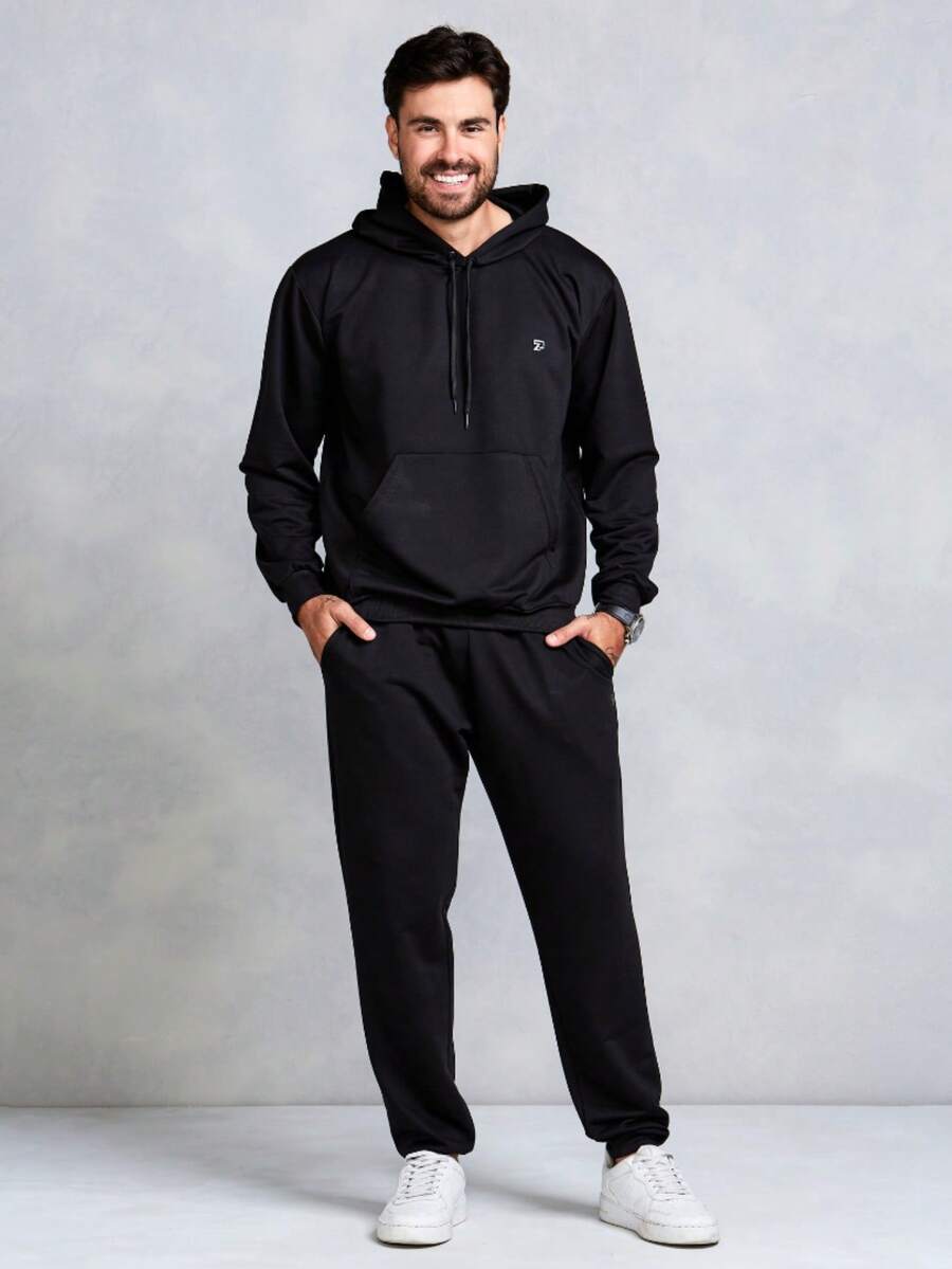 Men's Sweatshirt And Pants Set - 黑色 - 查看 1