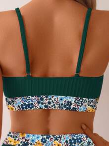 Women Peacock Blue Texture Patchwork Ditsy Floral Elegant Swimwear Set, Suitable For Beach, Swimming Pool, Vacation