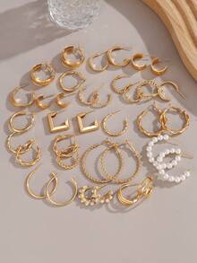 36pcs New Minimalist C-Ring Pearl Earring Set Combination - Yellow Gold - View 2