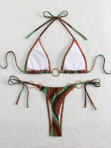LUCKY HOLIDAY Conjunto de bikini triangular decorado con aros dorados, de moda y sexy