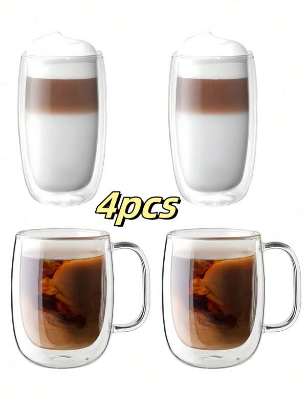Set de 4 tazas de café de vidrio aislado de doble pared, transparentes, con asa portátil, aptas para capuchino, latte, té, bebidas calientes y frías, reutilizables