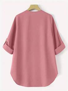 Women's Solid Rolled Sleeve Single-Breasted Casual Shirt, Arabic Design, Modest