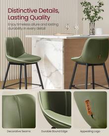 VASAGLE Bar Stools Set Of 2, Counter Height Bar Stools With Back, Ergonomic Backrest, Synthetic Leather, Metal Legs, 24.4-Inch Tall Stools For Kitchen Island Home Bar - màu xanh lá - Xem 8