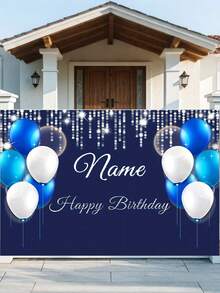 1pc Custom Blue And White Balloon Birthday Party Background In Three Sizes - Silver Glitter Blue And White Balloon "Happy Birthday" Polyester Banner For Anniversaries, Christenings, Birthdays And More!, Multi-Functional, Ornamental, Letter, Stylish, Modern, Colorful, Cute, Adorable, Casual, Custom, Personalized, Unique, Customized, Ideal Gifts For Him, Ideal Gifts For Her,Kids,Gala Night,Modern,Colorful,Cute