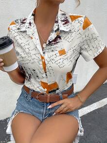Camisa de manga corta con estampado total casual de verano para mujer - Blanco - Ver 3