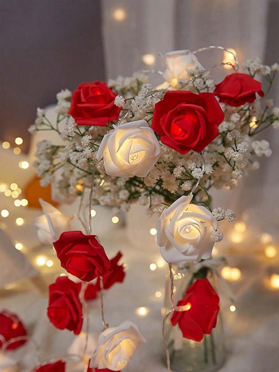 Rose Flower LED String Lights For Indoor Use, Romantic Proposal Atmosphere Lighting, Wedding Birthday Party Decor, Suitable For Girl's Room, Garden, Bedroom