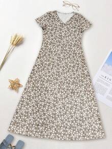 Leichtes, elegantes Ditsy-Blumen-Maxikleid mit V-Ausschnitt, vielseitig einsetzbar für Casual, Urlaub, Büro, Muttertag, Frühling/Sommer - Braun - Übersicht 6