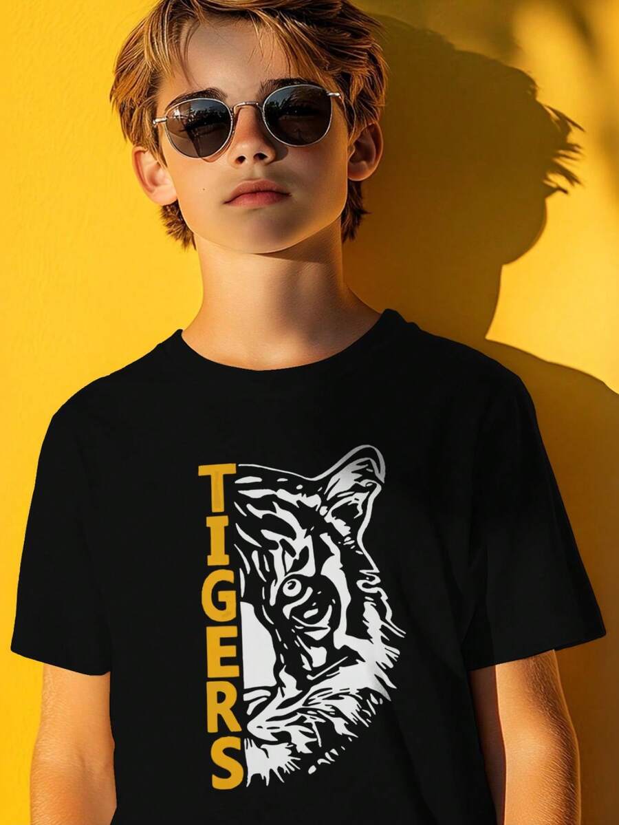 Cute Tiger Print Children's T-Shirt, Soft And Comfortable Casual Round Neck T-Shirt - màu đen - Xem 1