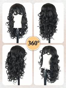 Long Curly Wig With Bangs Black Kinky Curly Layered Fluffy Shag Wig Synthetic Hair Wigs For Women 24inch Party Cosplay Wig Long Curly Messy Hair Wigs With Bangs - 黑色 - 查看 4