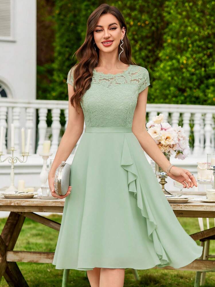 Floral Lace Corset With Ruffle Hem Cocktail Dress Wedding Elegant Spring Party - Mint Green - View 1