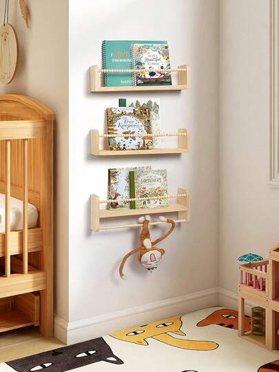 Étagères flottantes pour mur, décor de chambre maison, étagères à livres en bois naturel montées au mur avec barre à serviettes, bibliothèque suspendue