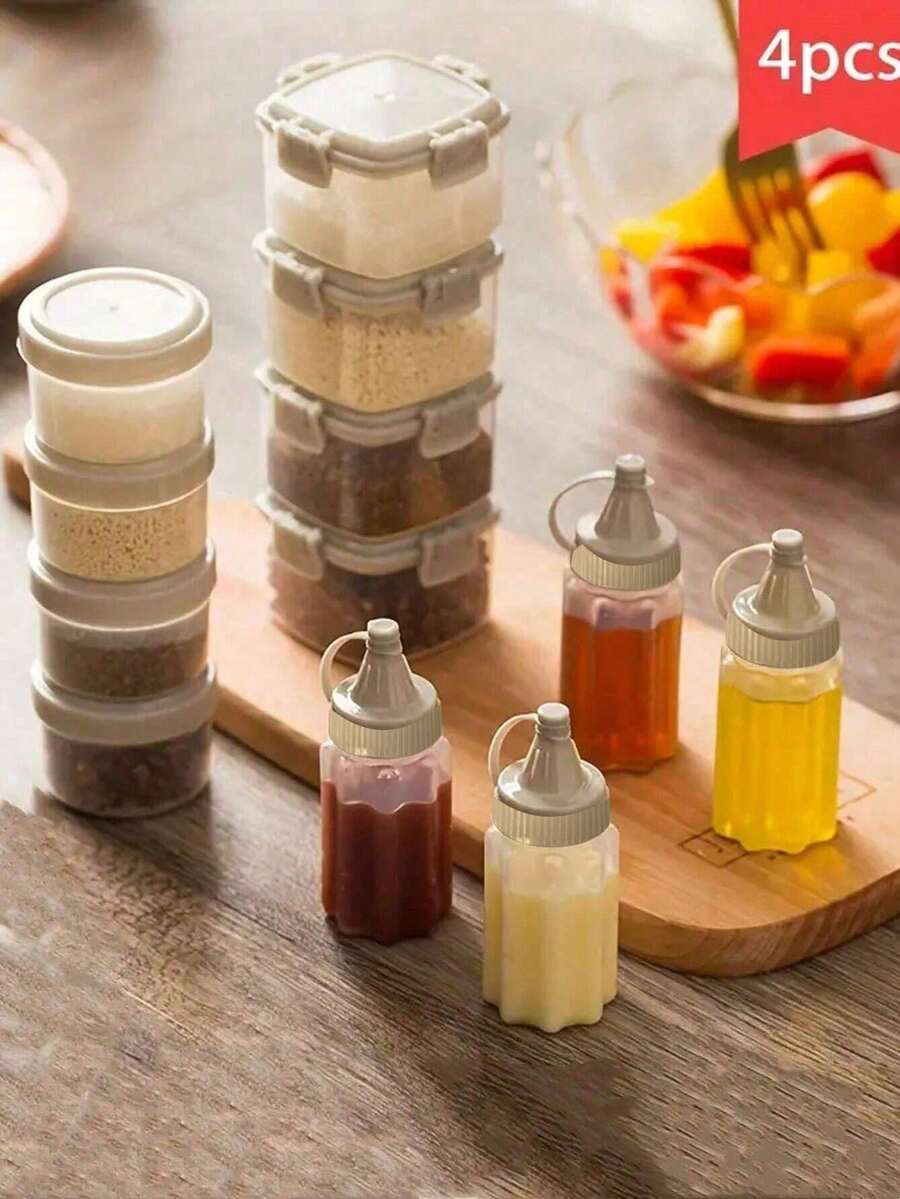 4 件迷你酱料瓶、迷你零食储存容器、迷你番茄酱盒、调味品挤压瓶、塑料容器瓶、彩虹糖果和坚果收纳盒、厨房调味品和果酱架、沙拉酱容器、带盖塑料酱料调味品容器，适用于办公室午餐盒野餐油酱油蜂蜜沙拉酱、香料瓶、厨房用具、公寓必需品、午餐盒学校用品、返校、万圣节和圣诞节派对用品 - 彩色 - 查看 1