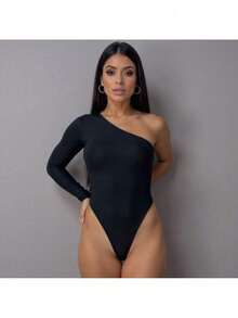WOMEN'S BODYSUIT MULE LONG SLEEVE ONE SHOULDER WINTER BODYSUIT FASHION - Black - View 3