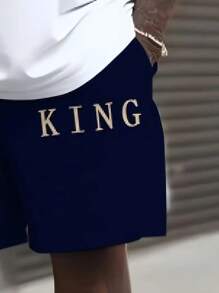 Blue & White Splice Plus Size Men Short Sleeve Set, Letter "KING" Graphic Breathable Sports Suit, Summer Street Casual Striped Short Sleeve & Shorts Set