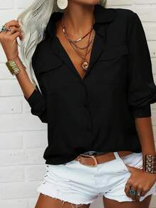 Áo sơ mi dài tay cổ bẻ màu trơn dành cho nữ cỡ lớn, màu đen mùa xuân. - màu đen - Xem 4