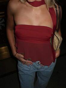 Women's New Bandeau Satin Crop Top With Matching Scarf, Summer Short Blouse - Burgundy - View 4