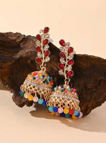 Fashionable Colorful Water Droplet Rhinestone, Rice Bead Inlay Leaf Shaped Earrings, Bohemian Style Ear Jewelry Suitable For Women's Daily Wear