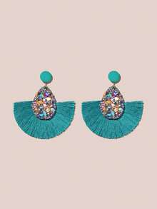 1 Pair Fashionable Pebble Tassel Drop Earrings - Blue - View 2