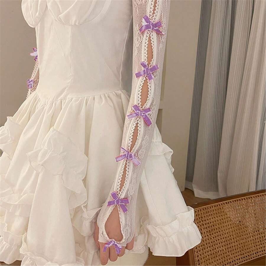 Women Lace Bolero Shrug Tops With Velvet Bows Hollow Out Shrug Open Front Cropped Cardigan Bolero Fishnet Shawl Arm Sleeves With Finger Holes Costume Accessories - 淡紫色 - 查看 1