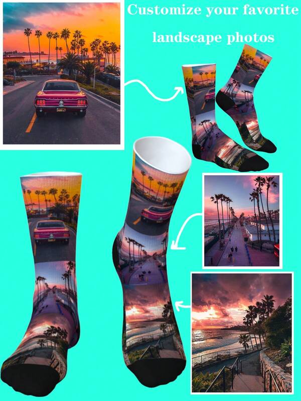 1 Pair Of Custom California Sunset Couple Socks, You Can Choose Three Landscape Photos Of Custom Socks, Hawaiian Style Custom Socks, Pet Anniversary Gift, Women's Socks, Men's Socks, Personalized Novelty Socks