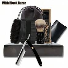 Men's Straight Razor Shaving Kit, XG High Carbon Steel Blades, Natural Wooden Handle, Shaving Brush, Comb, Scissors, With Storage Pouch, Gift For Valentine's Day, Christmas, Father's Day