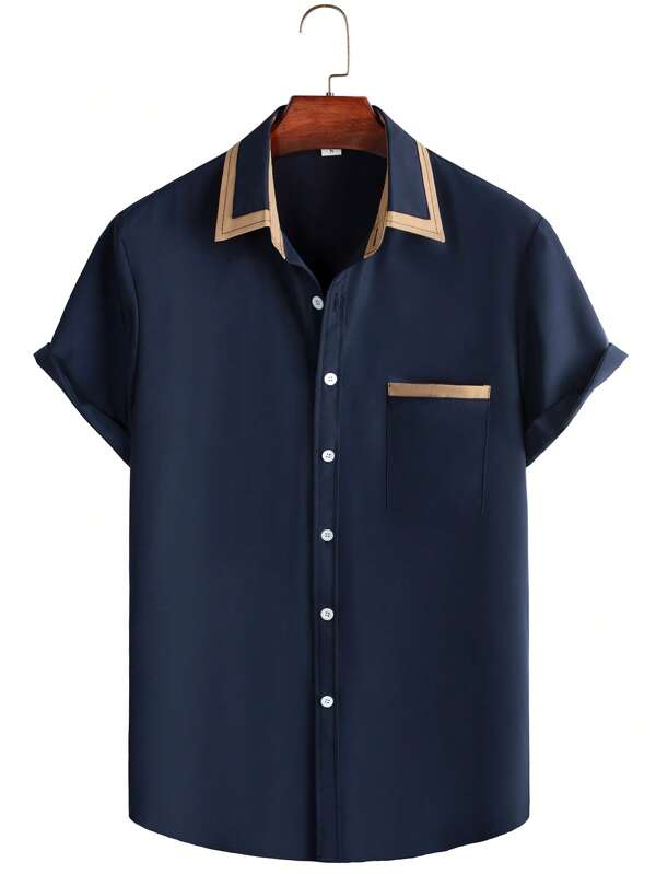 Chemise casual à manches courtes à boutons, blocs de couleurs pour homme, tenue de vacances streetwear
