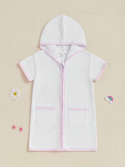 Kids Boy Girl Terry Swimsuit Cover Up Summer Striped Patchwork Zipper Hoodie Beach Cover Up Rash Guards For Toddler Bathing Suit Beach Bathrobe Towel
