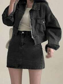 2025新款时尚休闲百搭短款牛仔两件套 - 黑色 - 查看 5