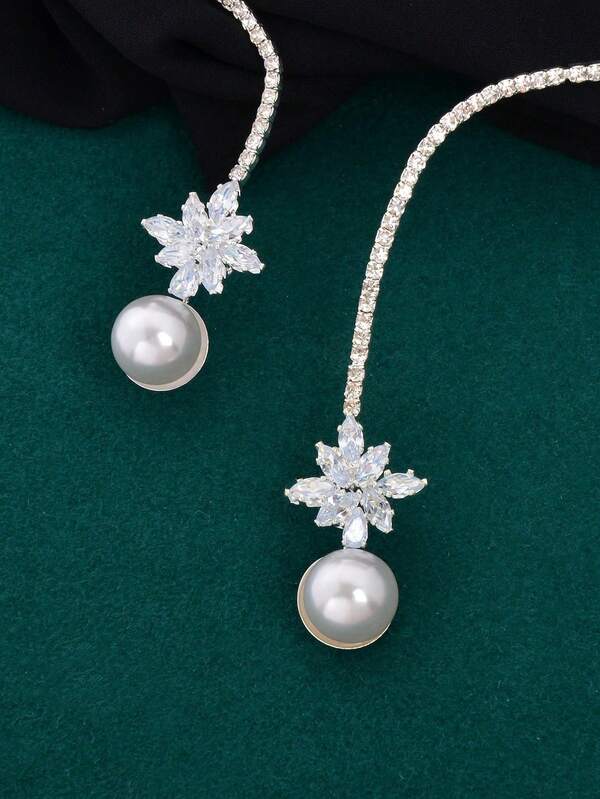 1 قطعة قلادة شوكر فاخرة مرصعة بالزركونيوم ودرر تزيين فضي للزفاف والعروس والمناسبات الفاخرة