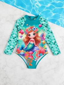 Traje de baño de una sola pieza con estampado de sirena lindo para niña joven de manga larga