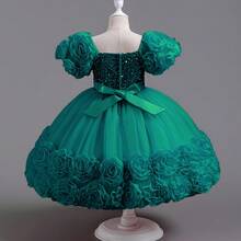 New Summer Young Girl Princess Party Dress, Floral Puff Sleeve Cute Young Girl Dress - Army Green - View 4
