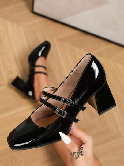 Fall/Winter 2025 Elegant Square Toe High Heels, Chunky Heeled Shoes With Metal Double-Strap Buckle Detail For Easy Detachment, Solid Color Fashionable Multipurpose Shoes Suitable For Wedding, Party And Work - All Season High Heels, Non-Slip Sole,Elegant,Women Pumps,Elegent,Mary Janes