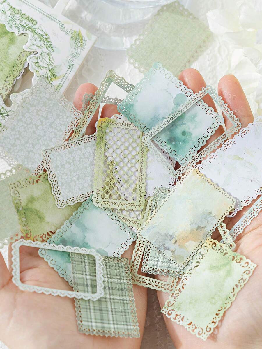 MOCARD 1 包 30 张空心边剪贴簿纸、DIY 装饰背纸、节日礼物、手工拼贴材料、个性化剪贴簿规划创意学校文具、学校用品、返校 - 綠色 - 查看 1