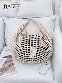 ENBEI Hollow Out Large Capacity Hand-Knitted Shopping Bag, Perfectly Matching With Vacation Outfits Women Handbag, Hollow Tote Bag, Shoulder Bag, Beach Wallet, Perfect For Summer, Vacation And Daily Use, Travel Essentials, Mother's Day Gift, Wallet Essentials, Teacher Gift, School Supplies, Beach Tote Bag Khaki With Pockets