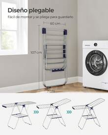 SONGMICS Clothes Airer, With Sock Pegs, Metal Laundry Rack, Foldable, Adjustable Wings, Silver And Blue - White - View 6