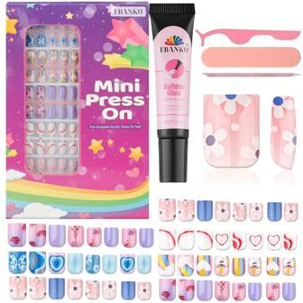 130 pz/set Unghie finte per bambini, set di 5 pz di unghie finte per bambini EBANKU con design carino di nuvole e stelle per ragazze di 8-12 anni