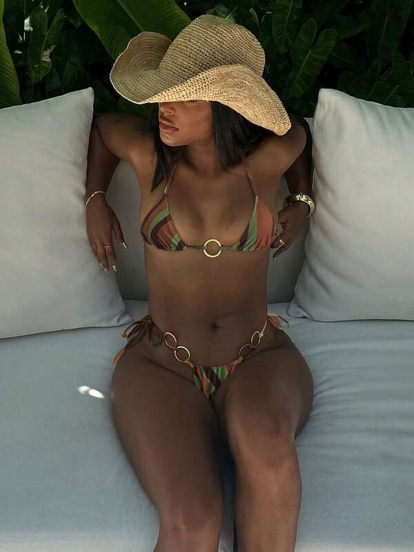 LUCKY HOLIDAY Gold Hoop Decorated Triangle Bikini Set, Fashionable & Sexy