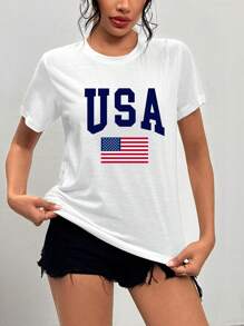 Damen lässiges Lässig Kurzarm einfaches T-Shirt mit Buchstaben- und USA-Flaggen-Muster-Druck - geeignet für den Sommer